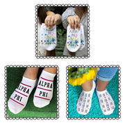 Alpha Phi sorority no show footie socks with Greek letters and sorority floral design sold as a 3 pair gift set