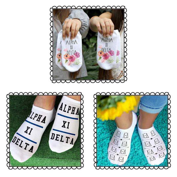 Trendy Alpha Xi Delta cotton no show socks great for senior sorority gift