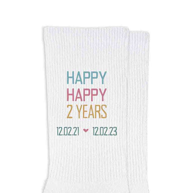 Two year anniversary gift for wife personalized with happy happy two years and your date digitally printed on ribbed cotton crew socks.