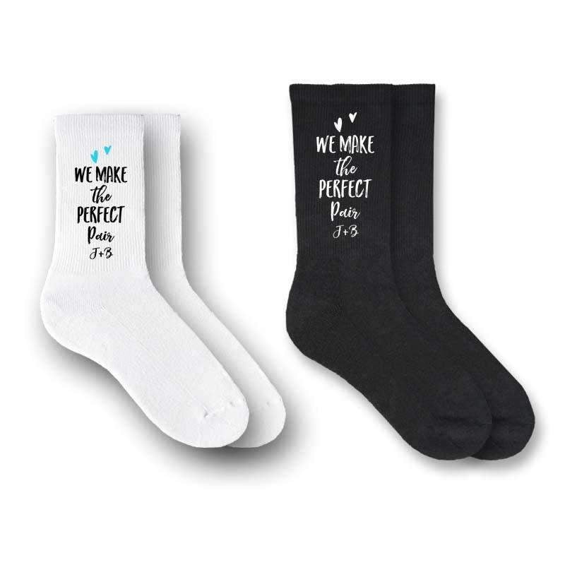 We make the perfect pair with hearts design and wedding date custom printed on the sides of the crew socks.