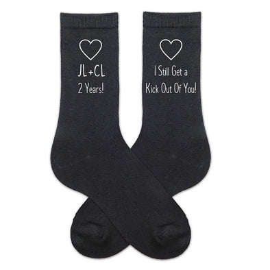 Cotton anniversary gift for him custom printed dress socks personalized with your initials and I still get a kick out of you and heart design.