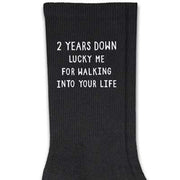 Two years down lucky me for walking into your life custom printed on socks in a gift box set.