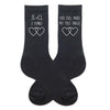 Two year anniversary gift personalized with your wedding date and initials digitally printed on the sides of flat knit dress socks.