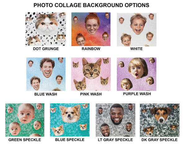 Photo collage background options for personalized face socks with photo collage printed on cotton crew socks.