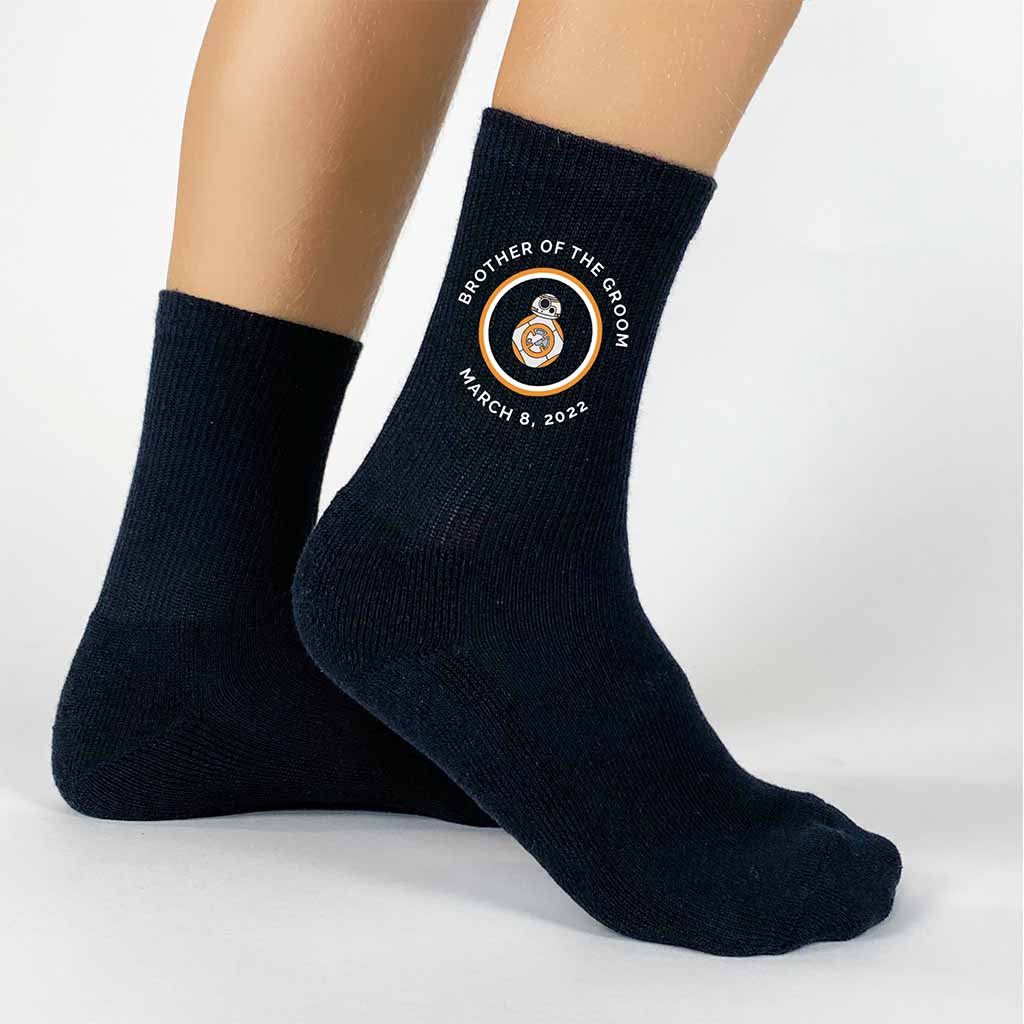 Fun socks for the ring bearer, custom printed wedding crew socks with star wars theme, role, and wedding date for youth with a Star Wars inspired design. Star wars socks, star wars groomsmen socks, star wars wedding, groomsmen socks, star wars wedding socks, star wars gifts