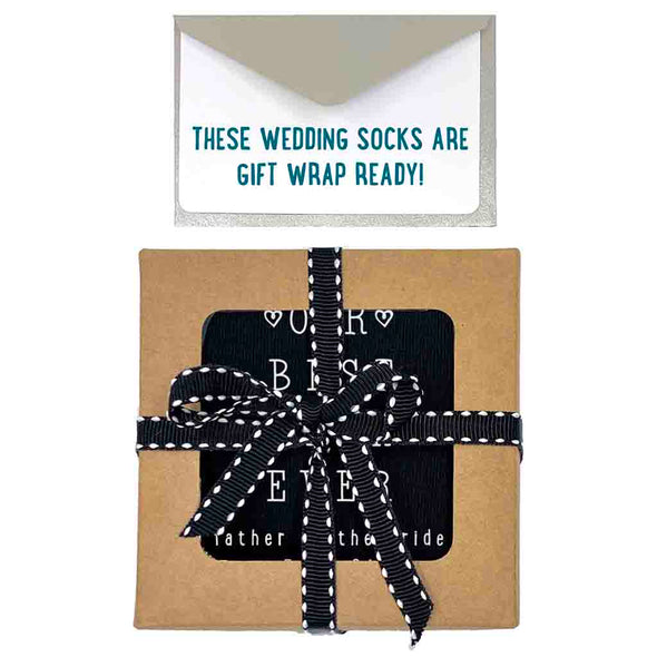 Gift wrap kit included with purchase of custom printed father of the bride wedding socks.