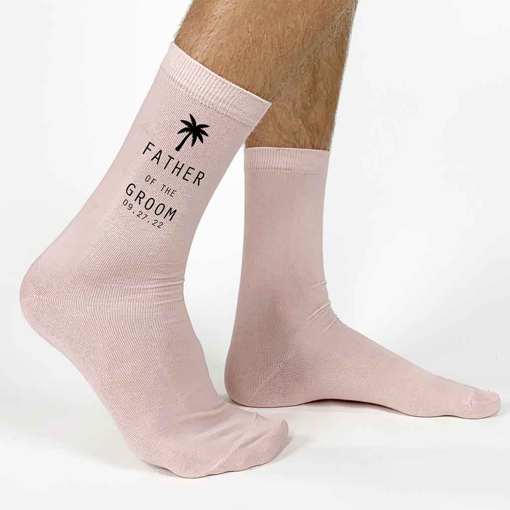 Palm tree island themed wedding socks make a great gift idea for the wedding party