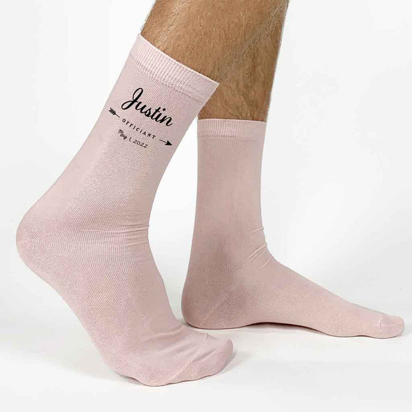 Personalized wedding party socks with name, role and date with arrow