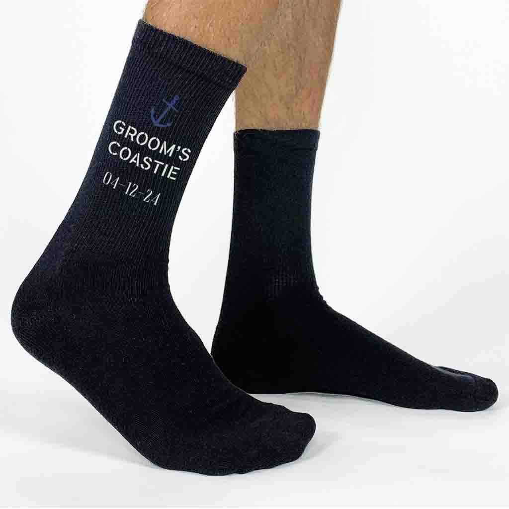 US Coastguard style grooms coastie design and personalized with your wedding date digitally printed on socks make a memorable groomsmen gift for your special day.