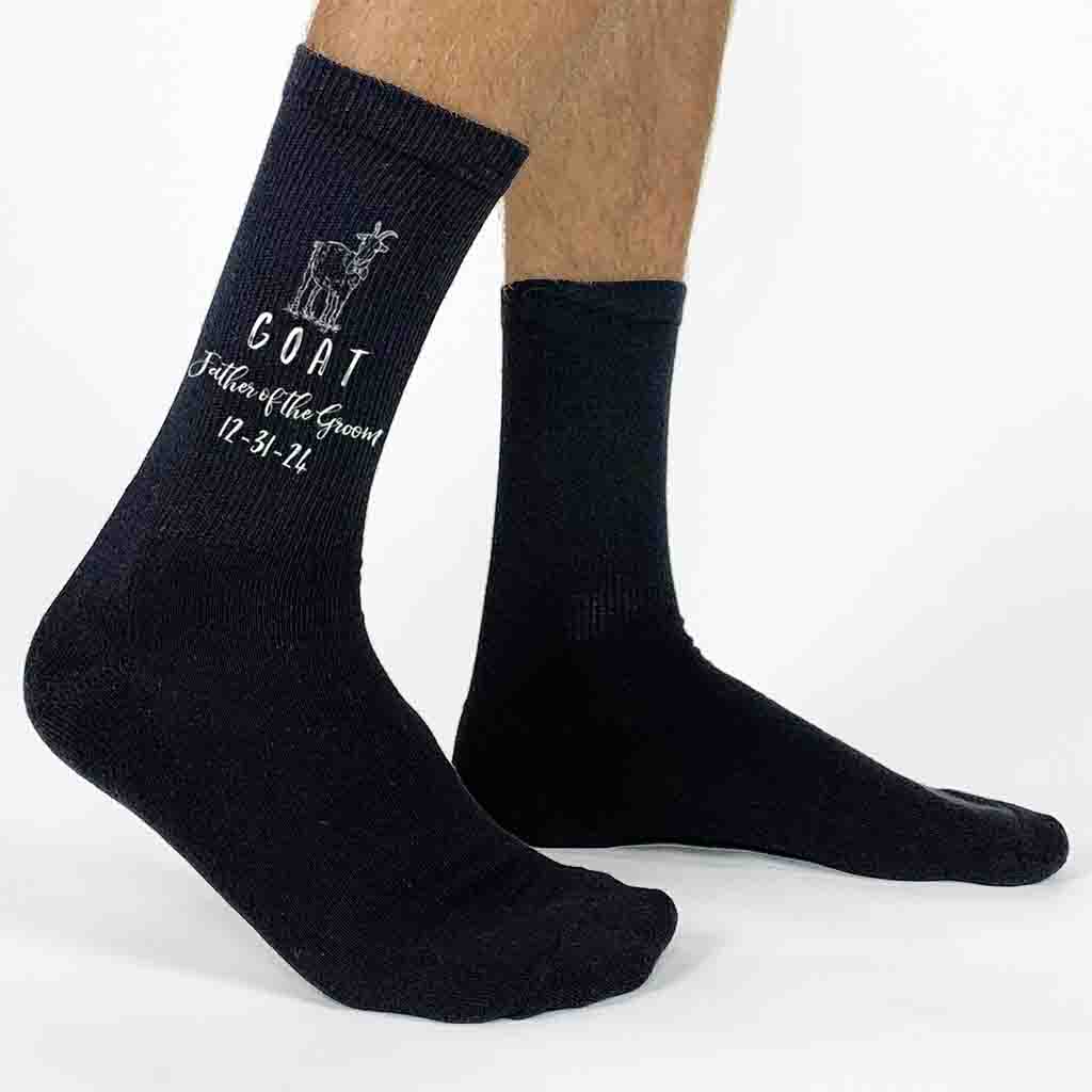 Fun personalized wedding socks custom printed with the date  printed on the outside of both socks with our original Father of the Groom GOAT design with a cute goat wearing a bow tie make these a very special wedding day accessory.