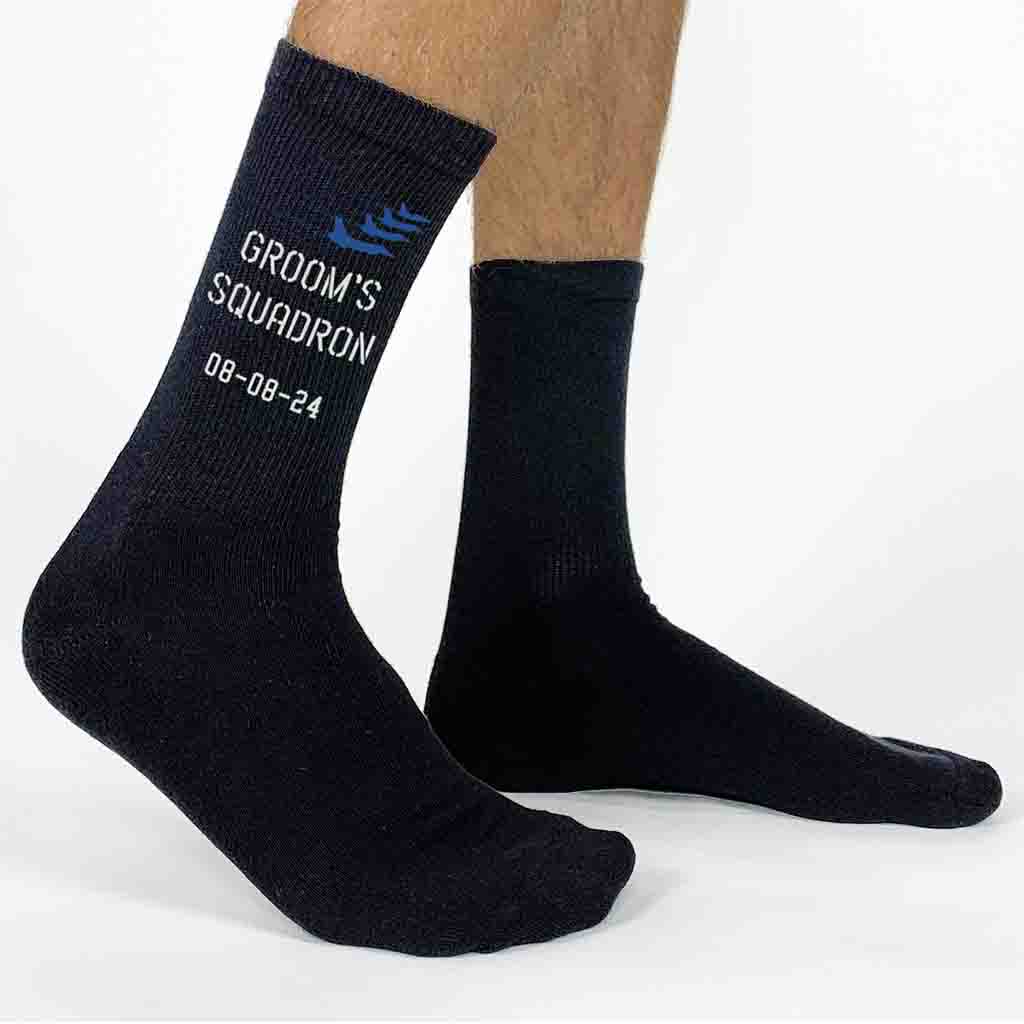 Personalized military themed wedding socks designed for all branches of the US military the grooms squadron design printed with your wedding date make a great accessory on your wedding day.