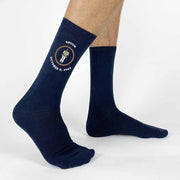 Fun Star Wars inspired novelty wedding socks with a personalized touch for the wedding party, shown on navy dress socks. Star wars socks, star wars groomsmen socks, star wars wedding, groomsmen socks, star wars wedding socks, star wars gifts