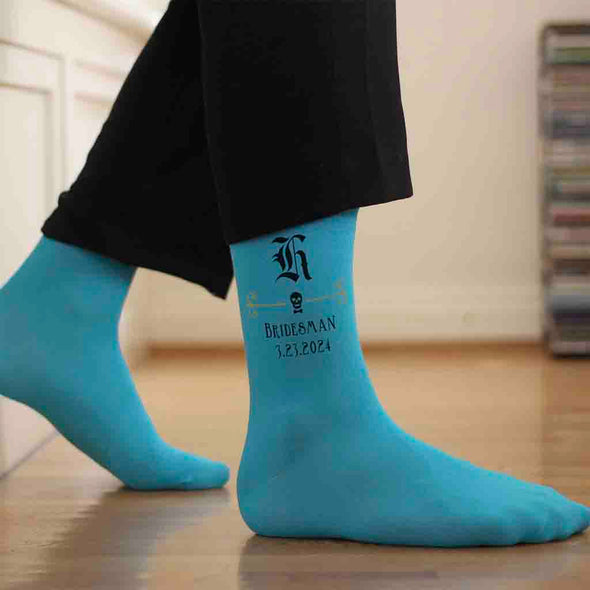 The perfect personalized wedding socks with a gothic theme custom printed with your wedding date and role.