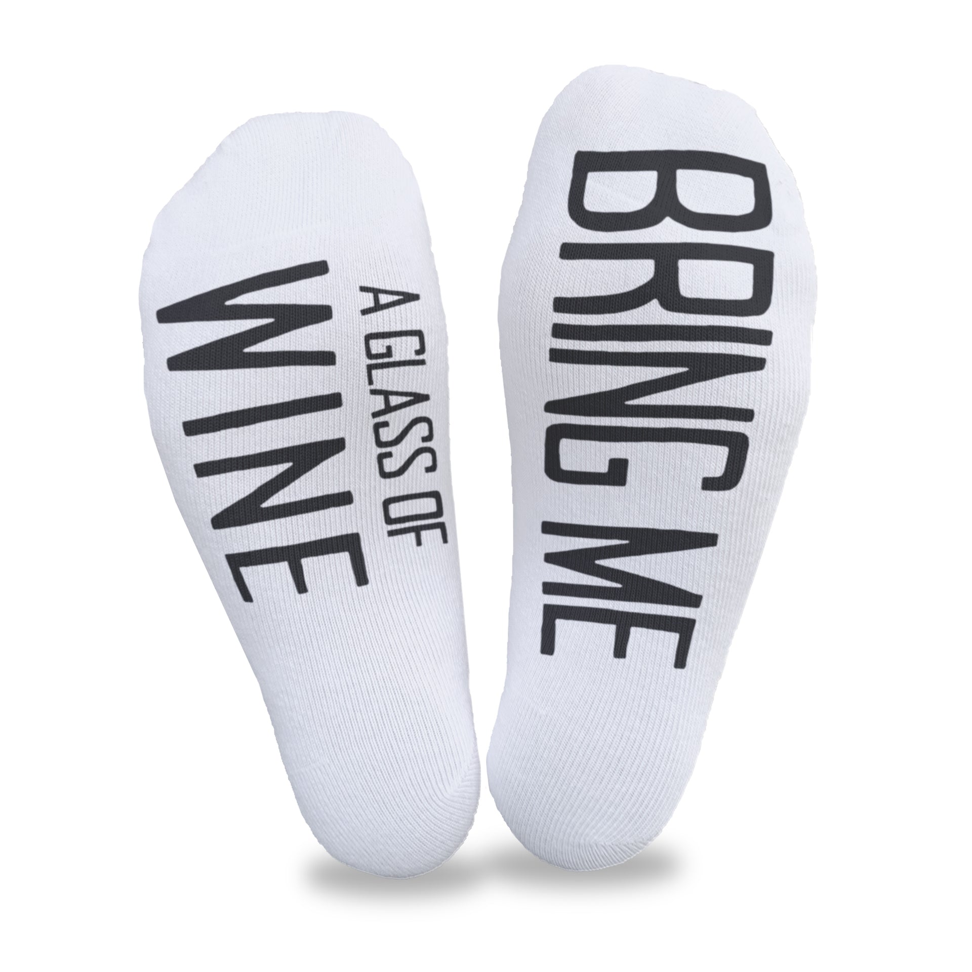 Bring me a glass of wine custom printed on the bottom soles of white cotton no show socks make a fun night in with your spouse.