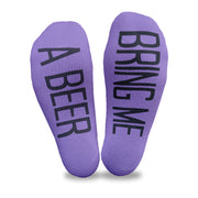 Bring me a beer custom printed in black ink on purple cotton no show socks makes a fun gift idea for any beer lover.