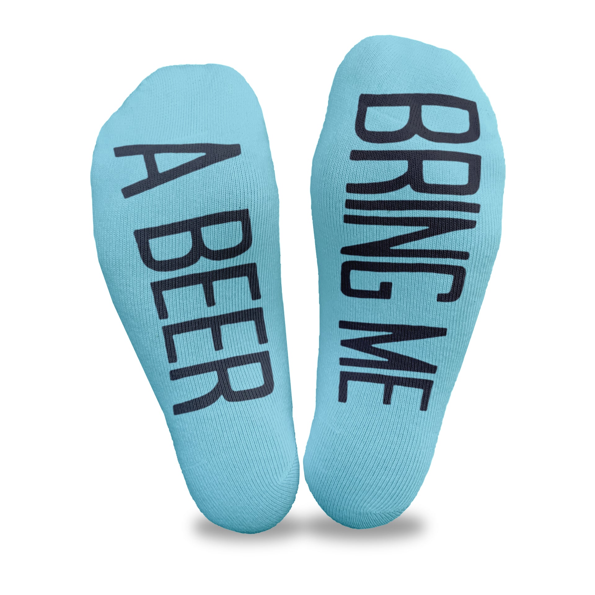 Custom printed bring me a beer on the bottom of cotton turquoise no show footie socks makes a fun gift idea for your spouse.