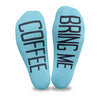 Bring me coffee custom printed in black ink on the bottom soles of turquoise cotton no show socks make a great gift idea for any coffee lover friend!