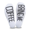 Bring me coffee custom printed in black ink on the bottom of white cotton no show socks will have your husband getting you coffee in no time.