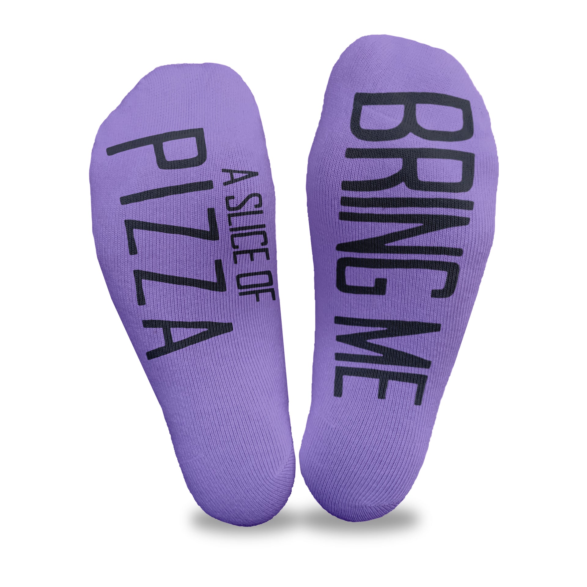 Bring me a slice of pizza custom printed in black ink on the bottom soles of purple cotton no show socks is a fun way to ask your kids for some pizza!