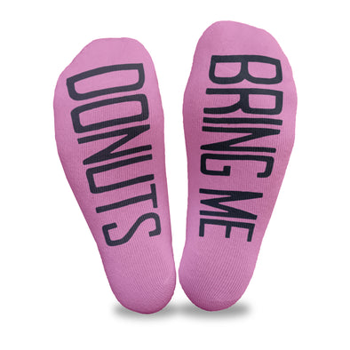 Bring me donuts custom printed on the bottom of fuchsia no show socks makes a fun gift for your bridal party.