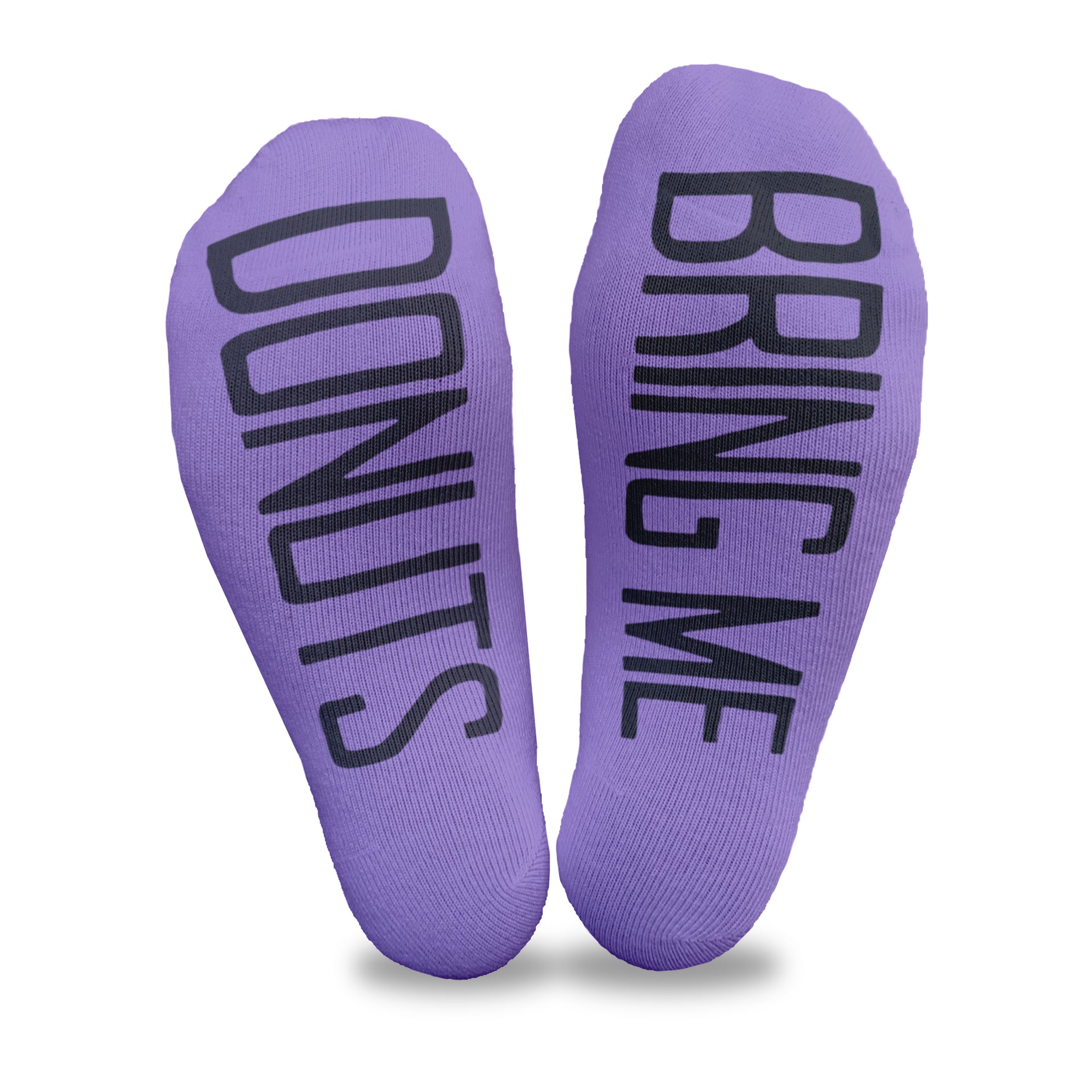Bring me donuts custom printed on the bottom soles of purple cotton no show socks is a great gift for any donut lover.