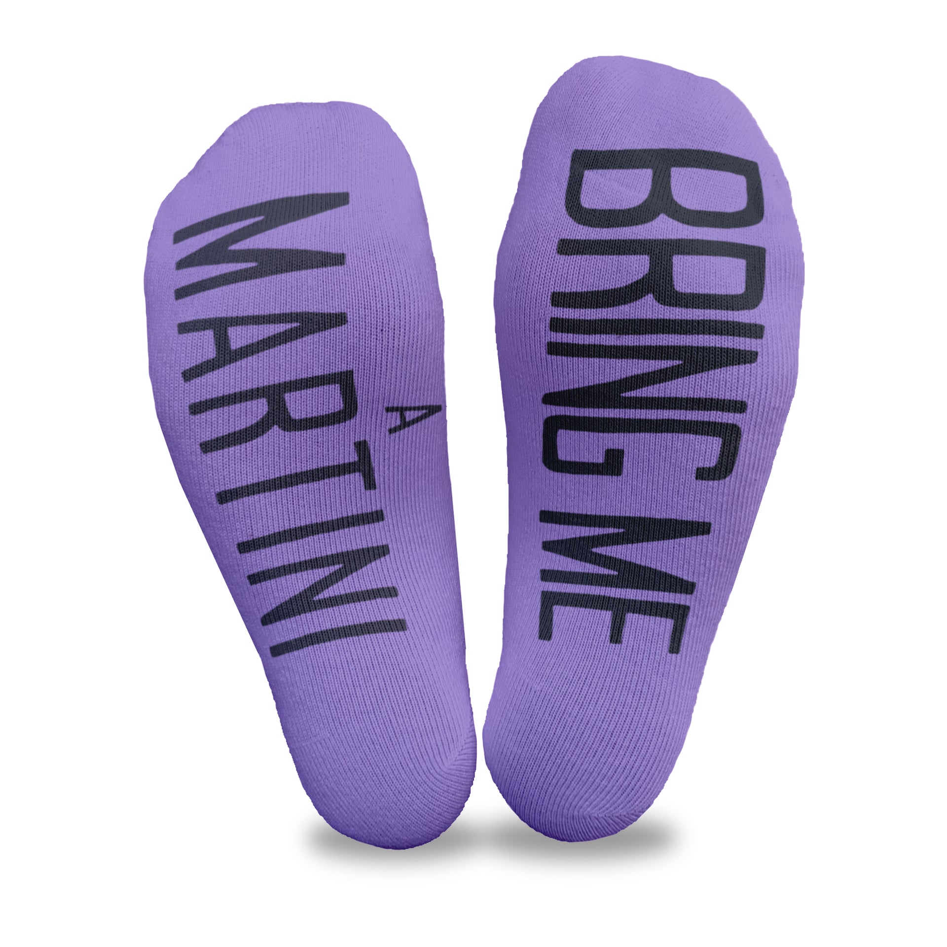Bring me a martini custom printed on the bottom of purple cotton no show socks is a hilarious way to ask for a drink.
