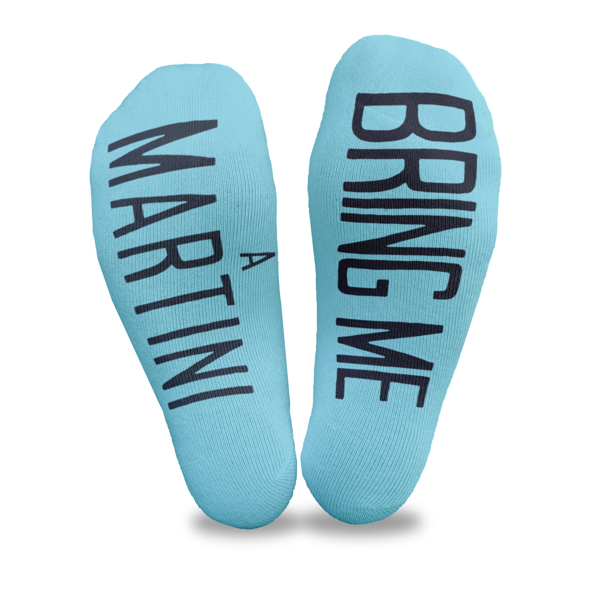 Bring me a martini custom printed on the soles of turquoise no show footie socks makes a fun way to ask your spouse for a drink.
