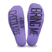 Bring me a box of chocolates custom printed on the bottom of purple no show socks makes getting chocolate delivered fun!