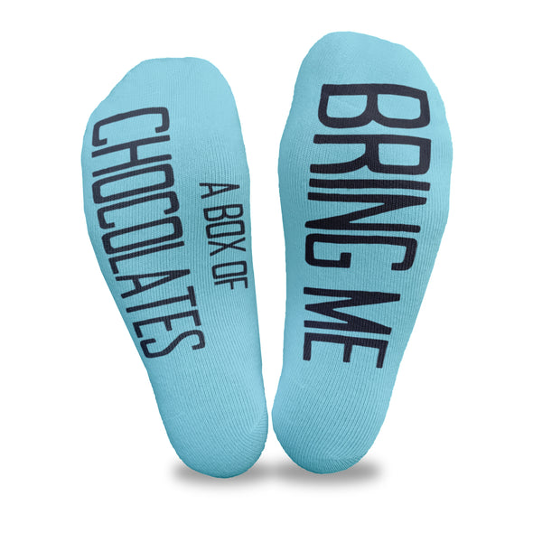 Bring me a box of chocolates custom printed on the bottom soles of turquoise cotton no show socks make a fun way to get some chocolate when you want!