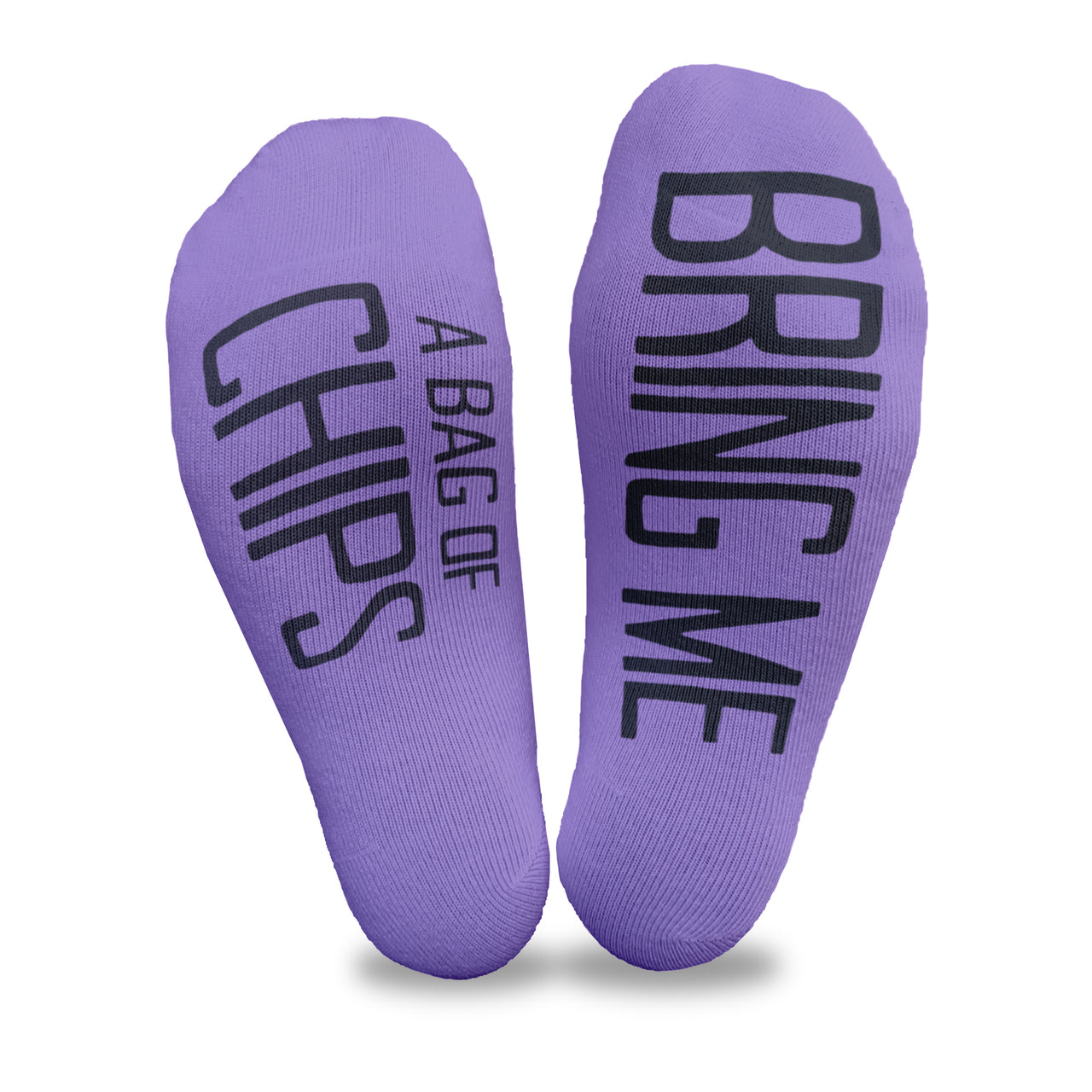Bring me a bag of chips custom printed on the bottom soles of purple no show socks make a fun gift idea for your chip loving bestie.