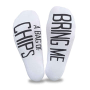 Bring me a bag of chips custom printed on the bottom soles of white cotton no show footie socks make a fun gift idea for your favorite chip loving friend.