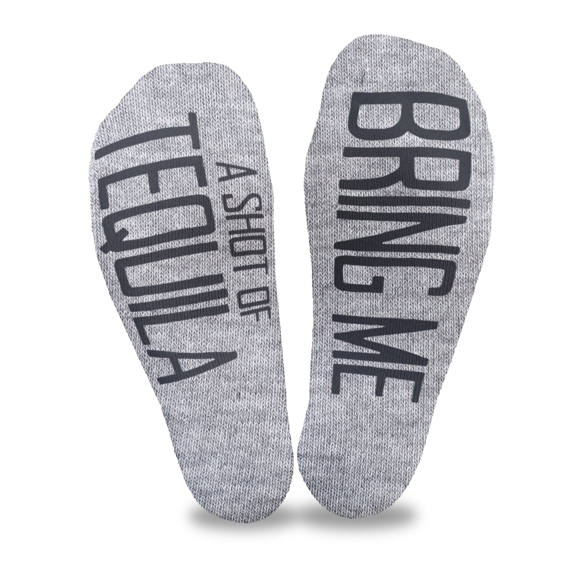 Bring me a shot of tequila custom printed on the bottom soles of heather gray cotton no show socks makes a fun gift for the wedding party!