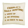 Throw pillow cover digitally printed with daily routine design and a name.