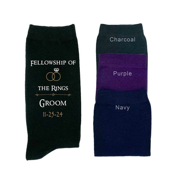 Fellowship of the rings LOTR design custom printed on socks available in charcoal, purple, navy or black.