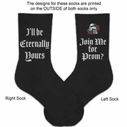 Eternally yours fun promposal socks with a gothic vibe digitally printed design on ribbed cotton crew socks.