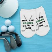 Star Wars themed may the course be with you design custom printed on white cotton no show socks.