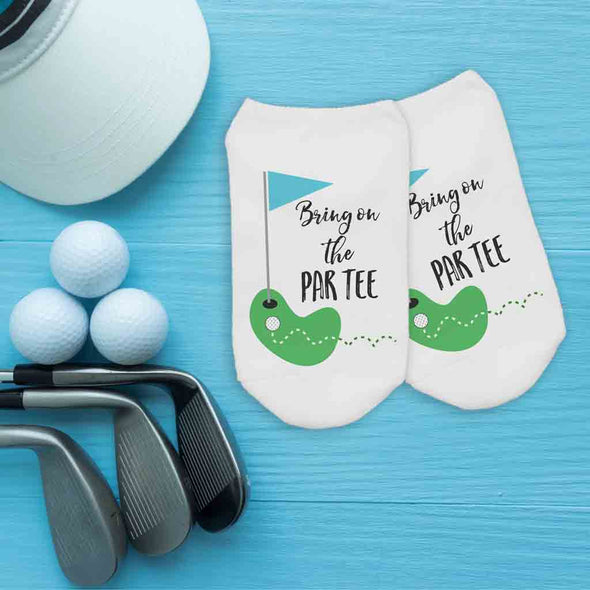 Bring on the Par Tee golf design custom printed on no show socks.