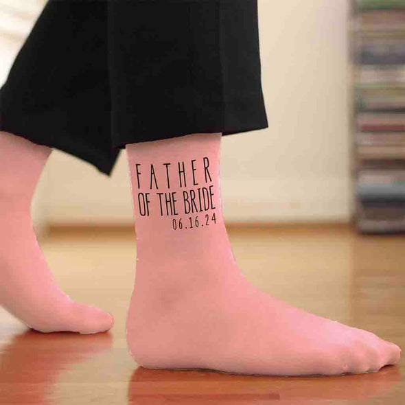 Blush flat knit dress socks custom printed and personalized with your wedding date made just for the father of the bride.