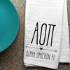 Alpha Omicron Pi sorority letters and name digitally printed in black ink boho style design on white cotton dishtowel.