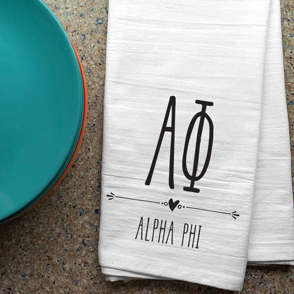 Alpha Phi sorority letters and name digitally printed in black ink boho style design on white cotton dishtowel.
