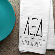 Alpha Xi Delta sorority letters and name digitally printed in black ink boho style design on white cotton dishtowel.