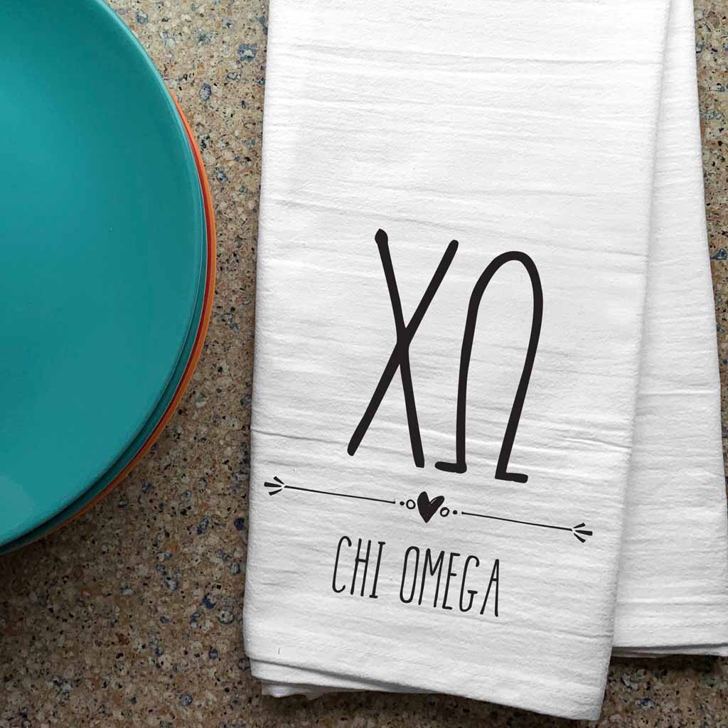 Chi Omega sorority letters and name digitally printed in black ink boho style design on white cotton dishtowel.