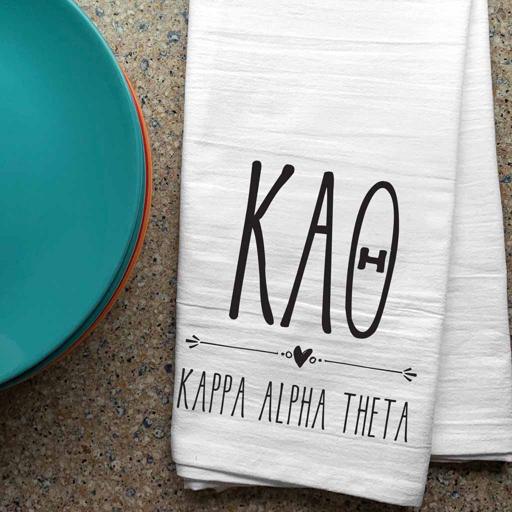 Kappa Alpha Theta sorority letters and name digitally printed in black ink boho style design on white cotton dishtowel.