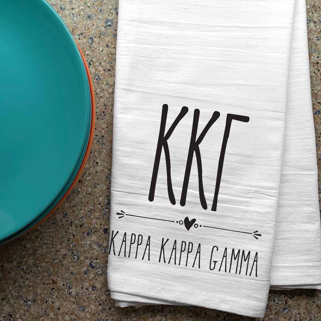 Kappa Kappa Gamma sorority letters and name digitally printed in black ink boho style design on white cotton dishtowel.