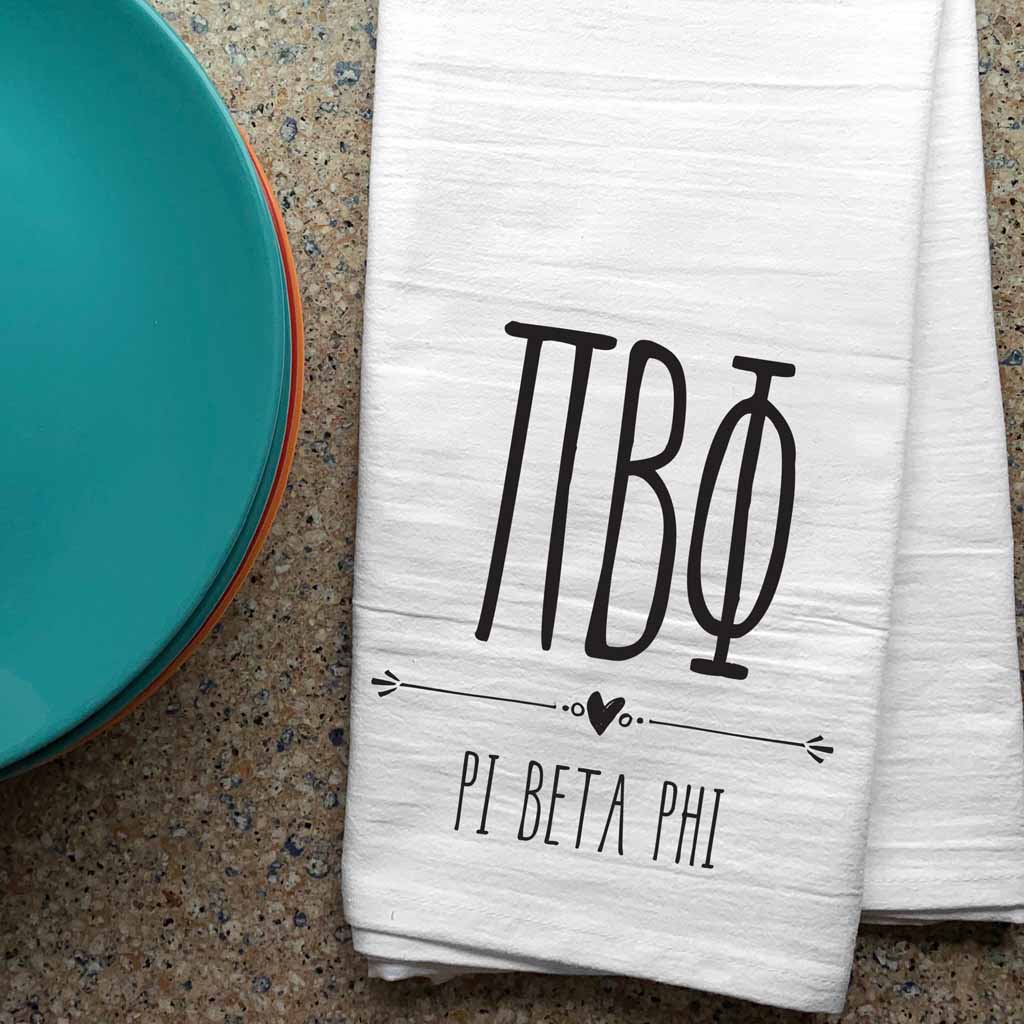 Pi Beta Phi  sorority letters and name digitally printed in black ink boho style design on white cotton dishtowel.