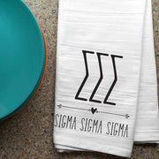 Sigma Sigma Sigma sorority letters and name digitally printed in black ink boho style design on white cotton dishtowel.