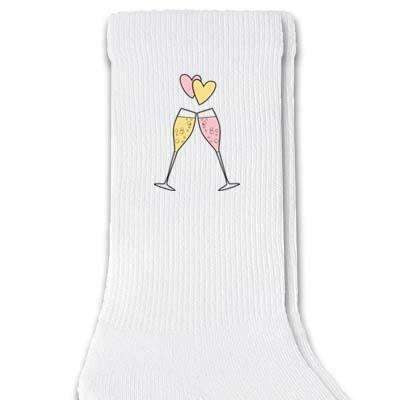 Super cute champagne flutes with heart design custom printed on crew socks.