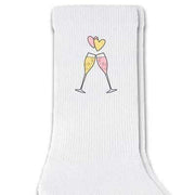 Super cute champagne flutes with heart design custom printed on crew socks.
