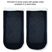 Anti skid no show socks with gripper soles available in two adult sizes.