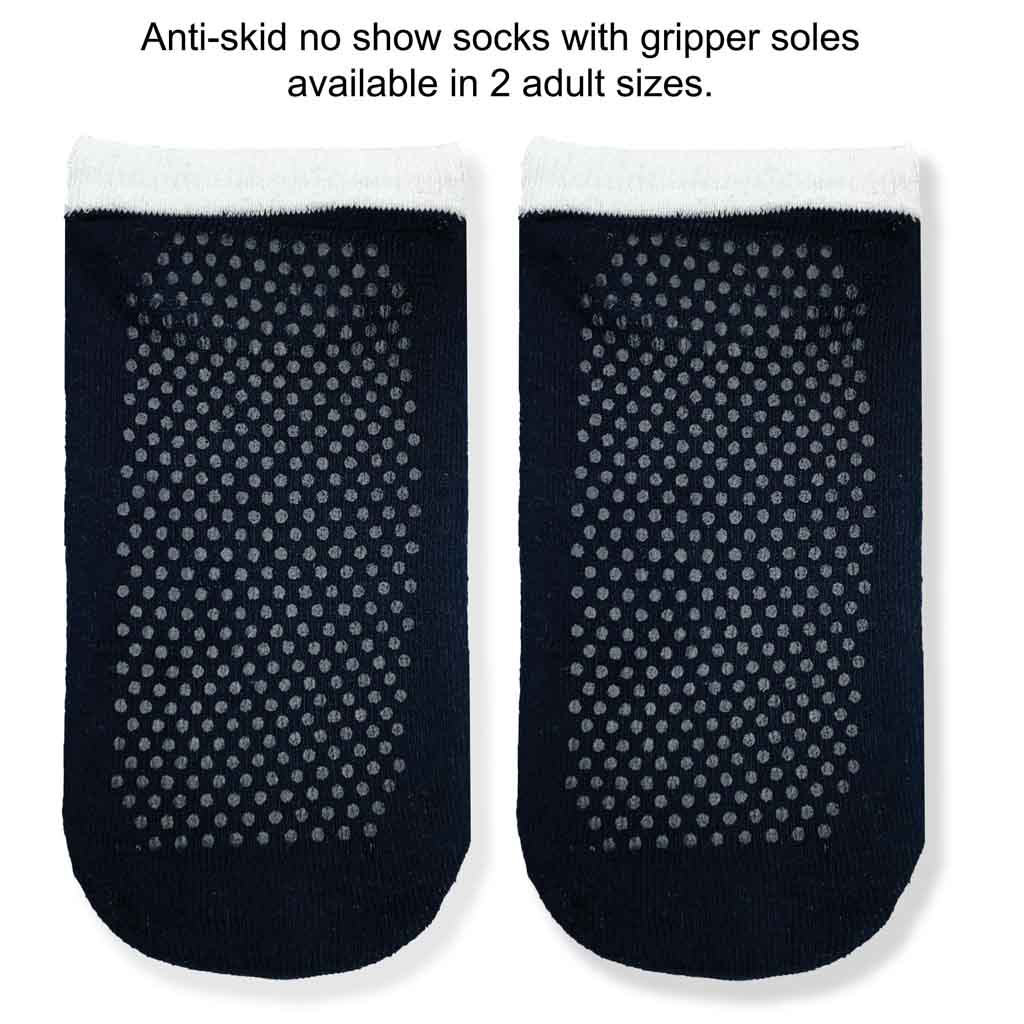 Anti skid no show socks with gripper soles available in two adult sizes.